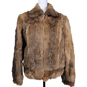 VTG 80s Genuine Rabbit Fur Coat Sz M Brown Full Zip Lined French Fur Old Money